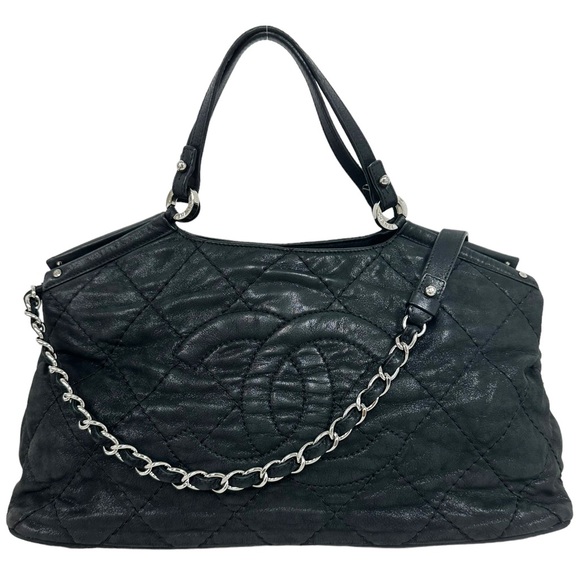 Chanel Matelasse Quilted Black Shimmer Leather Chain Shoulder Tote Bag - Picture 3 of 16